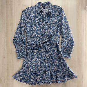 CHAPS Ralph Lauren floral block print blue shirt dress cotton ruffle summer